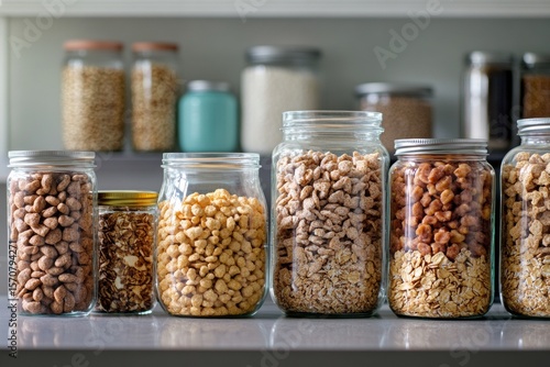A variety of healthy cereals stored in glass jars sit neatly on a kitchen counter, promoting nutritious breakfast choices. This setup enhances meal prep and encourages healthy eating habits