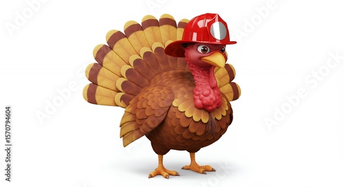 Cartoon turkey wearing firefighter helmet