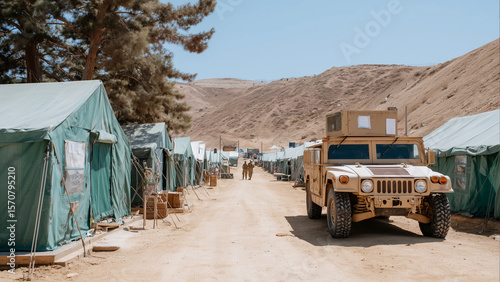 Wide-angle view of a military base camp in desert terrain featuring rows of green canvas tents, an armored vehicle, soldiers walking amid tents under harsh sunlight with minimal vegetation and rugged,