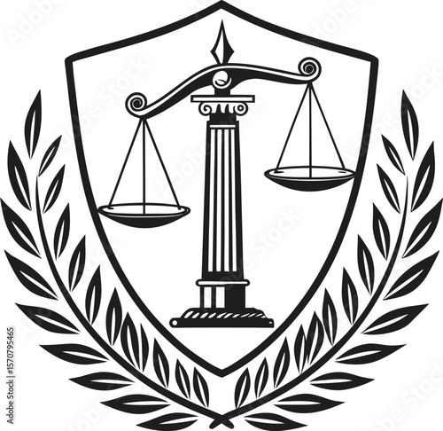 Vector art of a scale of justice on a pillar within a laurel wreath shield