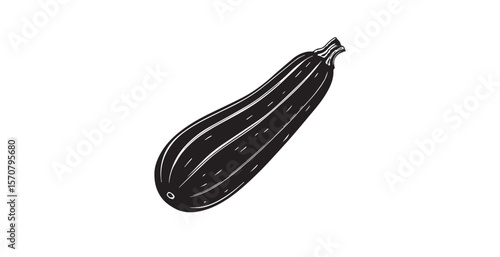 Stylized black zucchini silhouette with white stripes and speckles on a white background