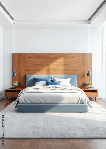 Modern bedroom with wooden headboard in white and blue tones velvet bed bedding pillows and carpet minimalist interior design Empty room interior design architecture blank design room