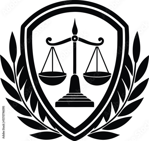 Vector art of a scale of justice within a laurel wreath shield isolated on white