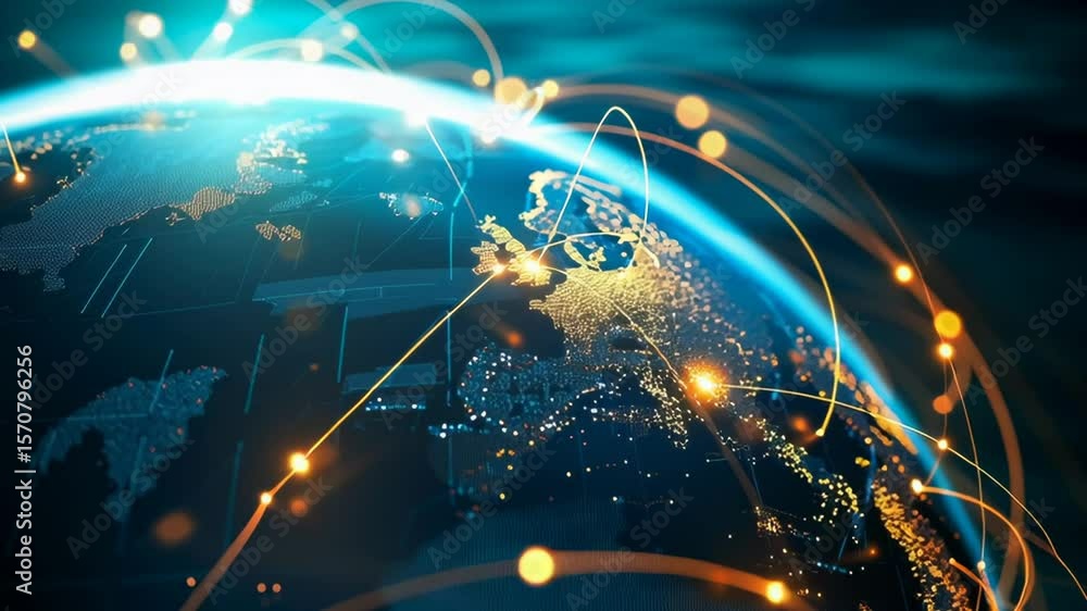 A globe with a network of lines connecting it. The lines are glowing and the globe is blue