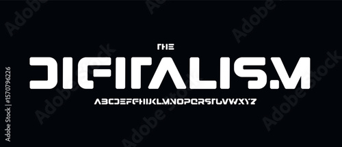 Rounded techno logo font, bold sci-fi alphabet. Cutout geometric letters for game headline, cyberpunk UI, tech HUD, display text, robotic branding. Digital futuristic typeset. Vector typography