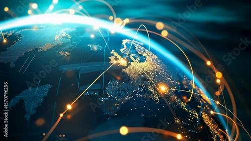A globe with a network of lines connecting it. The lines are glowing and the globe is blue