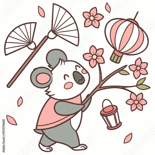 Amused expression on a Koala bear in a Cherry Blossom Festival theme, with wearing bunny slippers – Sakura Breeze vector art