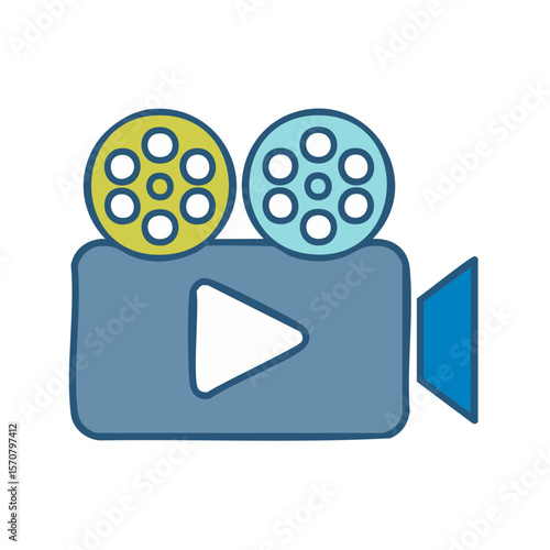 Retro video camera icon illustration with reels movie time filmmaking concept vector
