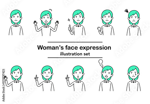緑髪の女性キャラクターによる感情表現セット、ベクター線画スタイル