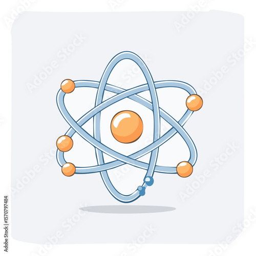Illustrative Cartoon Atom Model with Orbiting Electrons and Nucleus Isolated on White