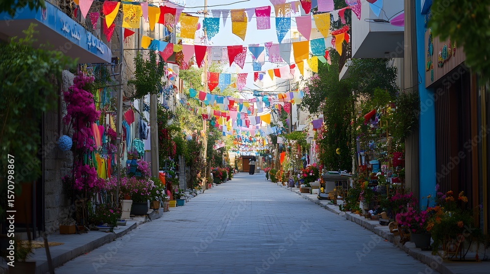 Fototapeta premium Colorful street lined with decorative flags and flowers.
