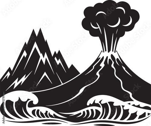 Volcano Eruption with Mountain and Ocean Waves Illustration vector