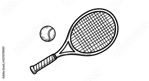 Tennis racket and ball — vintage sketch doodle vector illustration on white background


