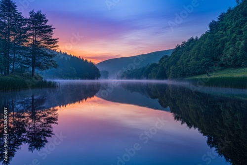 Wallpaper Mural Dawn unfolds over a still lake, casting a vibrant tapestry of colors across the water. Surrounding trees and gently rising hills create a peaceful atmosphere that invites reflection Torontodigital.ca