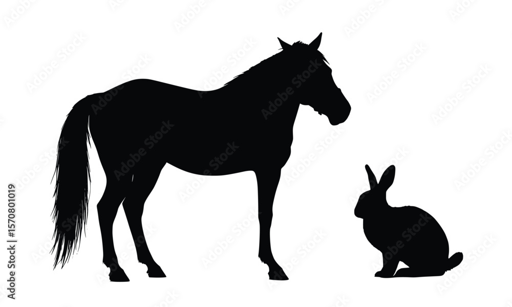 Fototapeta premium Graceful horse and bunny silhouettes, ideal for equestrian clubs, animal shelters, and farm branding projects, easily scalable.
