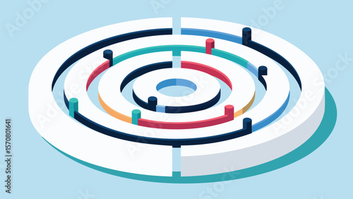 Isometric view of a circular maze with colorful segments and white walls on a light blue background