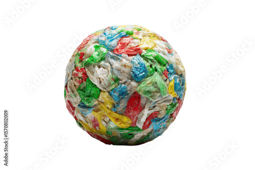 Colorful sphere formed from crumpled, mixed plastic waste