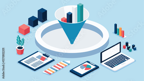 Isometric illustration of data funnel with charts, laptop, and office supplies on a light blue background