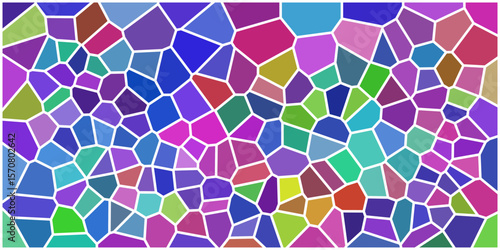 Colorful mosaic pattern made of irregular polygonal tiles with white borders, featuring a variety of bright and vibrant colors in a stained-glass style.

