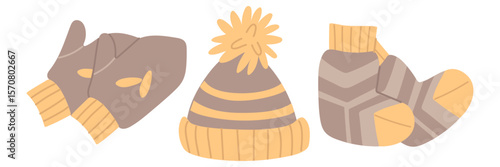 set of knitted winter accessories in brown with stripes. Mittens, hat with a pompom, and an unfinished knitted scarf. Flat color illustration. Suitable for blogs, articles, postcards, and handicrafts