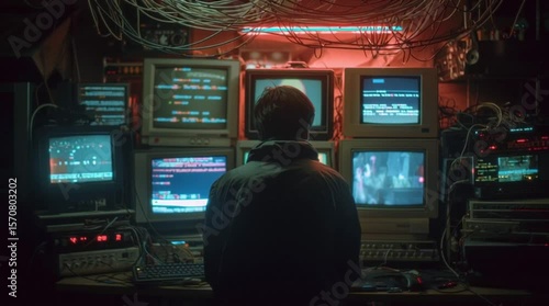 Hacker Watching CRT Monitors in Neon-Lit Retro Surveillance Den
