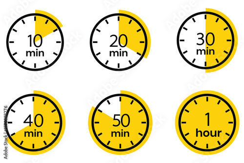 Timer icon set, alarm timer from 10 to 60 minutes, 1 hour. Timer, clock, stopwatch isolated. 10, 20, 30, 40, 50 min, 1 hour. Countdown minutes timer symbol. Vector Illustration.