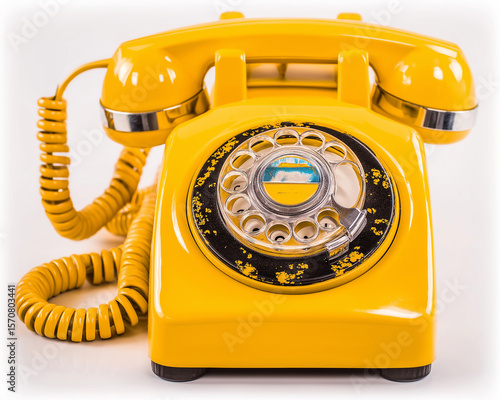 A retro yellow telephone from an past era, around the 1950s to the 1970s. Taking an urgent phone call.