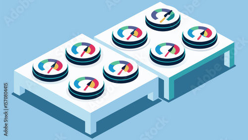 Isometric view of two platforms with dials showing different levels of measurement displayed on them