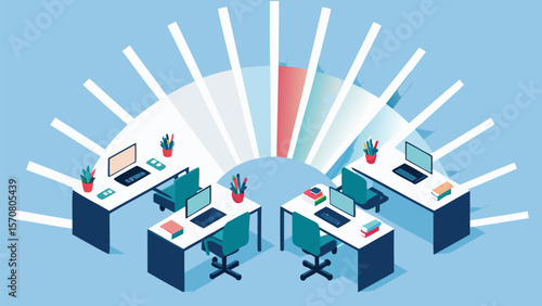 Isometric view of an office space with desks computers and chairs with light rays overhead design is simple 100