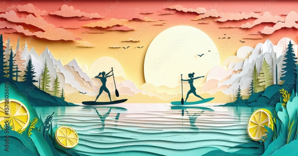 Naklejka premium Papercraft scene depicts two paddleboarders silhouetted against sunset. Mountains, water, lemons complete idyllic landscape.