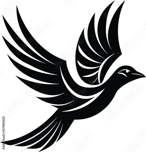 Vector art of a sleek black bird takes flight, its wings outstretched, isolated on white background