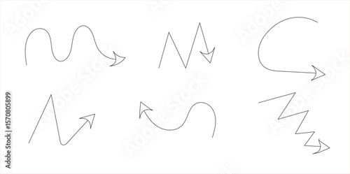 Set of 6 light grey hand-drawn arrows in wavy, zigzag, and curved styles – thin sketch arrow strokes for motion, annotation, or UI direction cues in minimal infographic or web design on white backgrou