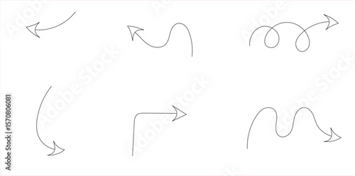 Set of 6 light grey hand-drawn arrows in curved, wavy, and looped styles – minimal sketch arrow strokes for navigation, direction, annotation, or creative UI elements on white background

