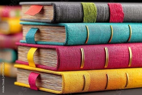 Stacked Books with Vibrant Covers and Decorative Accents