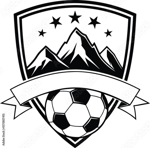 Vector art of a soccer ball and mountain scene on a shield, isolated on white background