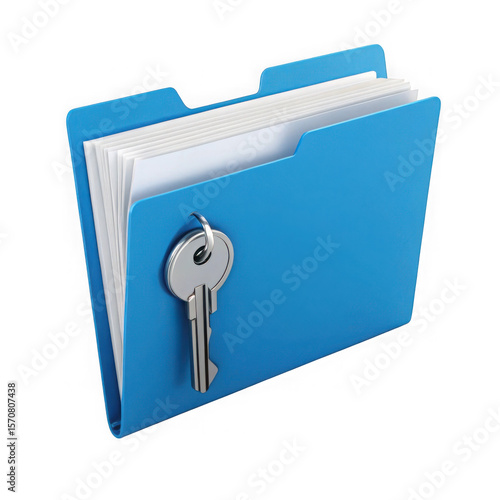Blue folder with documents and a silver key representing security and access