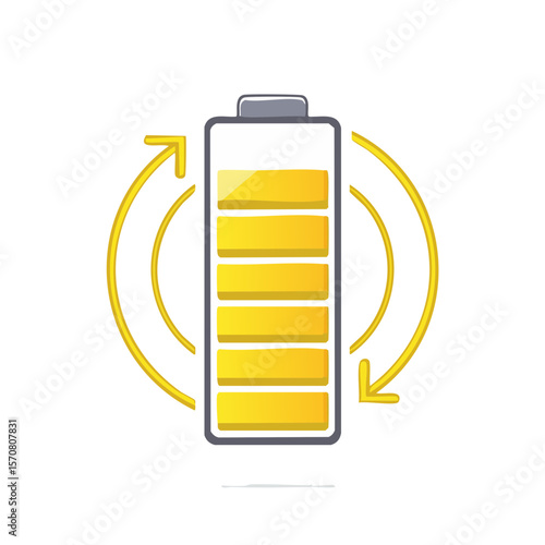 Cartoon battery with recycle arrows symbolizing sustainable power, energy efficiency, and environmental responsibility on a black background.