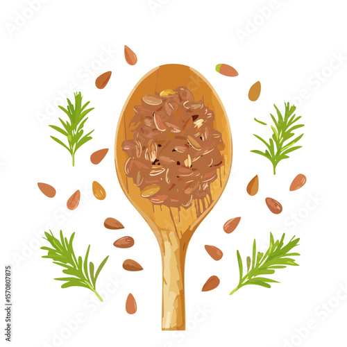 Flax Seeds in a Wooden Spoon with Rosemary Illustration