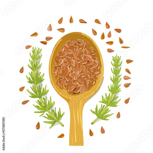 Flax Seeds in Wooden Spoon with Rosemary Herb – Healthy Eating, Natural Food