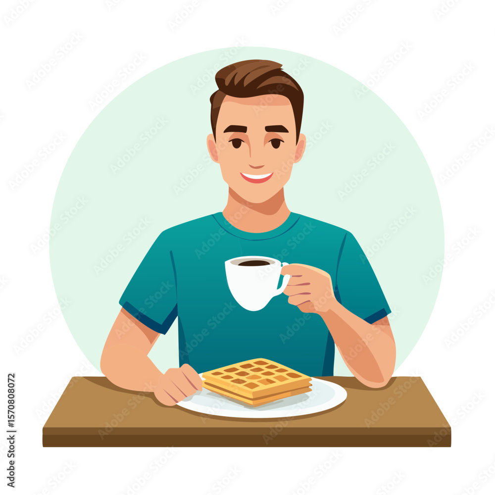 Man enjoying coffee and waffles for breakfast in a cozy setting. Man enjoying coffee and waffles for breakfast in a cozy setting.