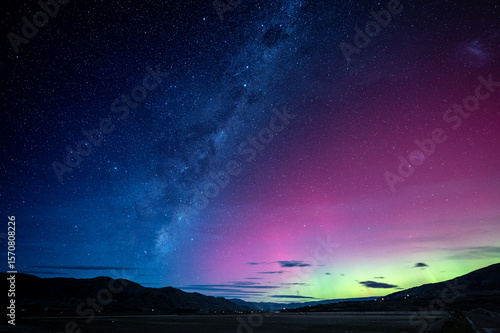 Night sky with milky way and southern light in Wanaka, New Zealand	