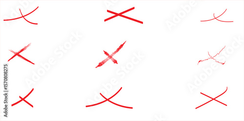 Collection of red hand-drawn cross mark symbols in various brush styles – rough painted X icons in red ink for UI elements, delete actions, rejection marks, or annotation graphics on white background
