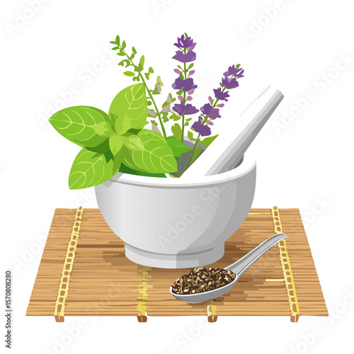 Herbal Remedy Preparation: Mortar, Pestle, Herbs, and Spoon
