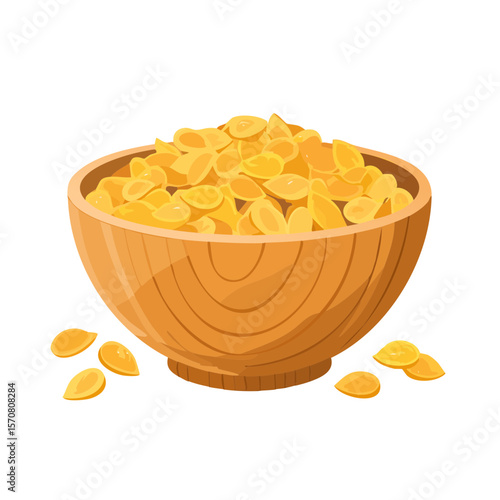Wooden Bowl Full of Corn Flakes - Breakfast Cereal Illustration