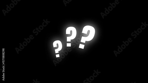 Animation of three white question marks appearing in a curved layout on a transparent background. Ideal for themes such as curiosity, uncertainty, quizzes, brainstorming, or educational content.