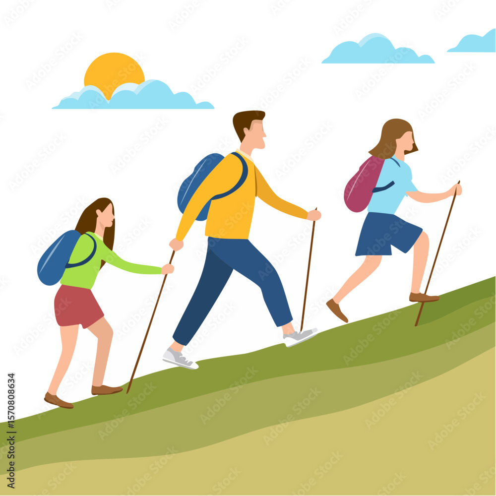 Group of hikers climbing a hill on a sunny day Group of hikers climbing a hill on a sunny day