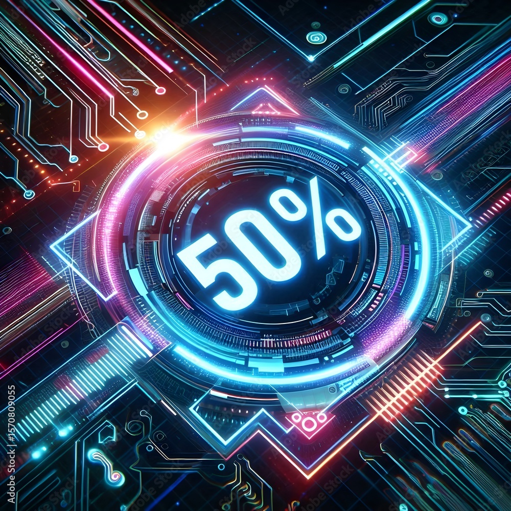Futuristic Tech Circuit 50% Discount Sign Futuristic Tech Circuit 50% Discount Sign