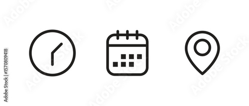 Clock, calendar, and location pin icon in black line style. Ideal for interface, schedule, travel, event, time, and navigation related design. Clean and simple vector illustration.