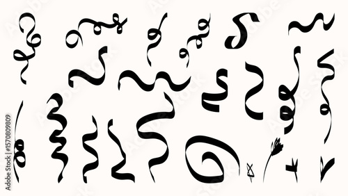 Decorative black ribbon curls in various styles and swirls, minimal graphic style, isolated on white background, concept of celebration