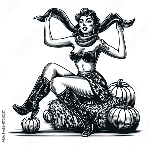 Vintage Pin-Up Girl Sitting on Hay Bales with Pumpkins and Scarf